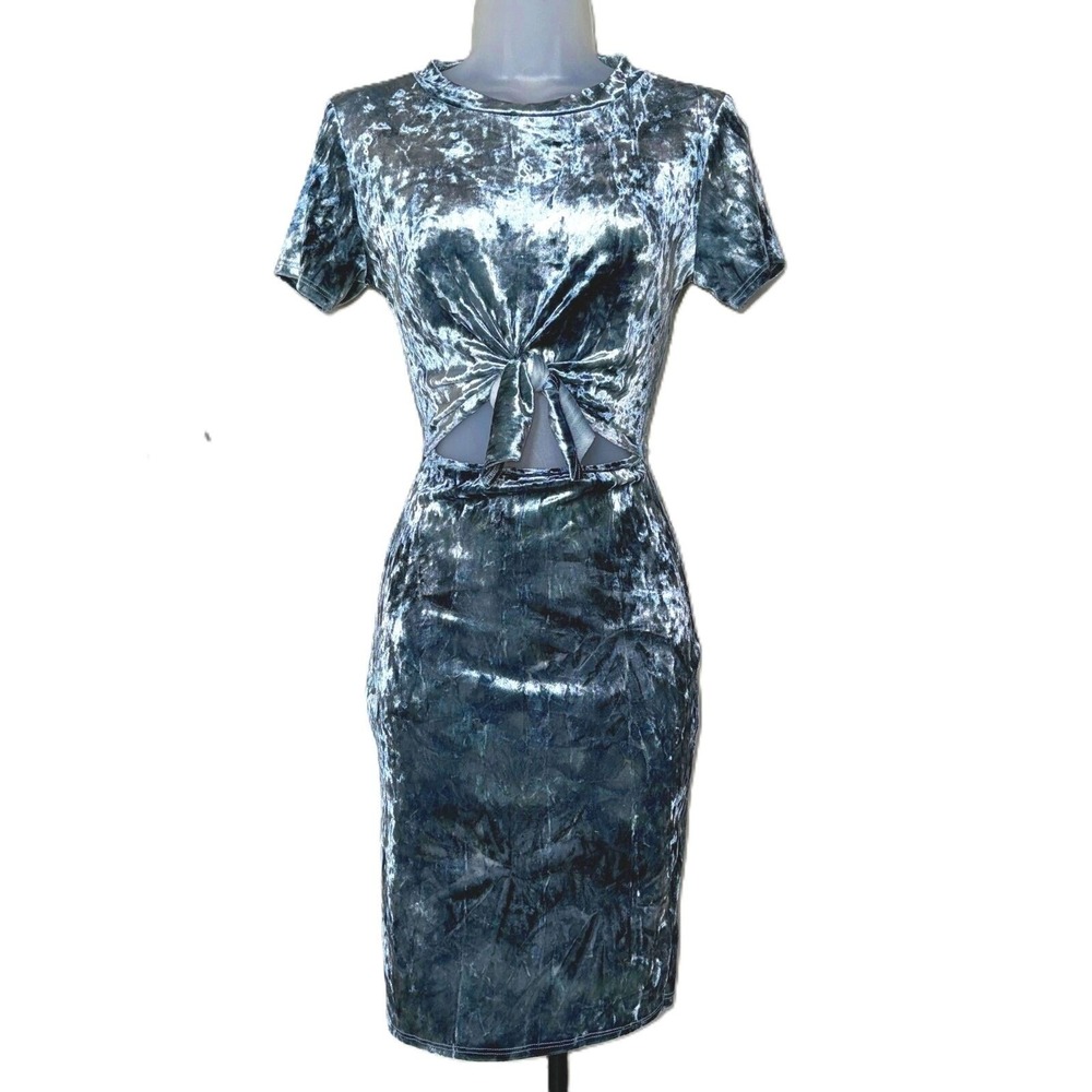 Blue Velvet Short Sleeve Mini Bodycon Dress Front Tie Cutout Stretchy Size Small